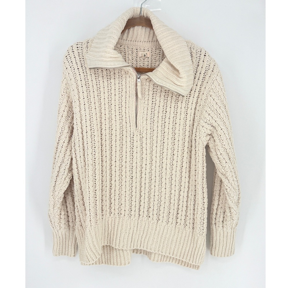 Aerie Women Chunky Knit Oversized Cropped Fisherman Zip Pullover Sweater Size M